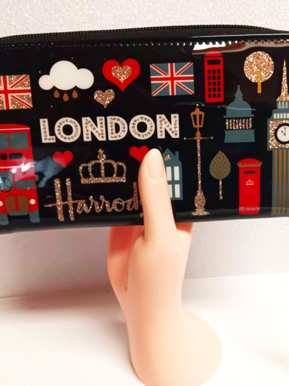 NWT Harrod's multi–Glitter London wallet on black patent base.